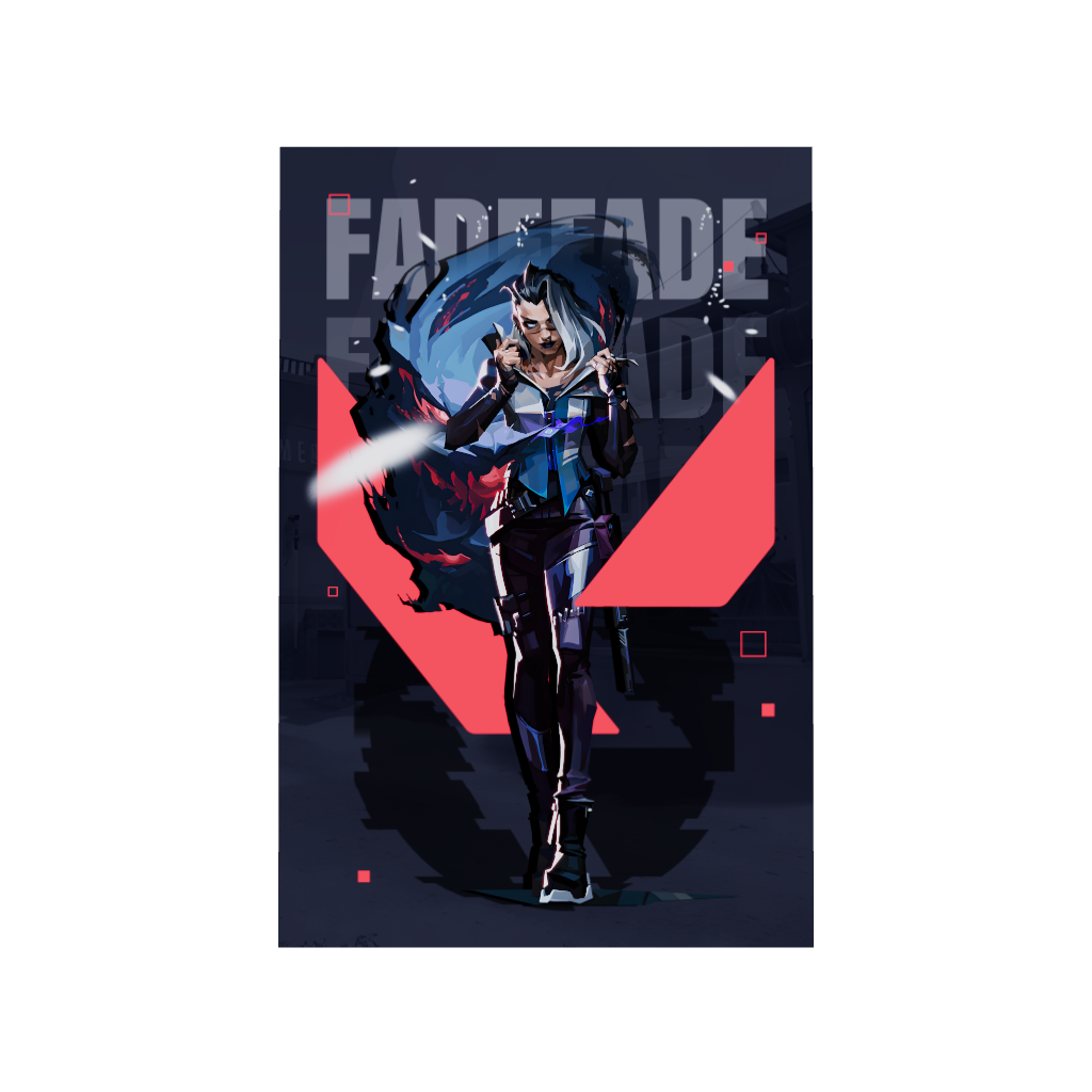 Valorant gaming acrylic poster 3D model by Arcadia North. Fade agent wallpaper on dark/black background. Acrylic wall art printed on acrylic.