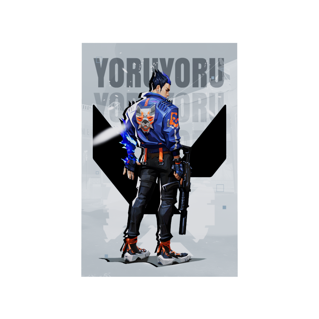 Valorant gaming acrylic poster 3D model by Arcadia North. Yoru agent wallpaper on light/white background. Acrylic wall art printed on acrylic.
