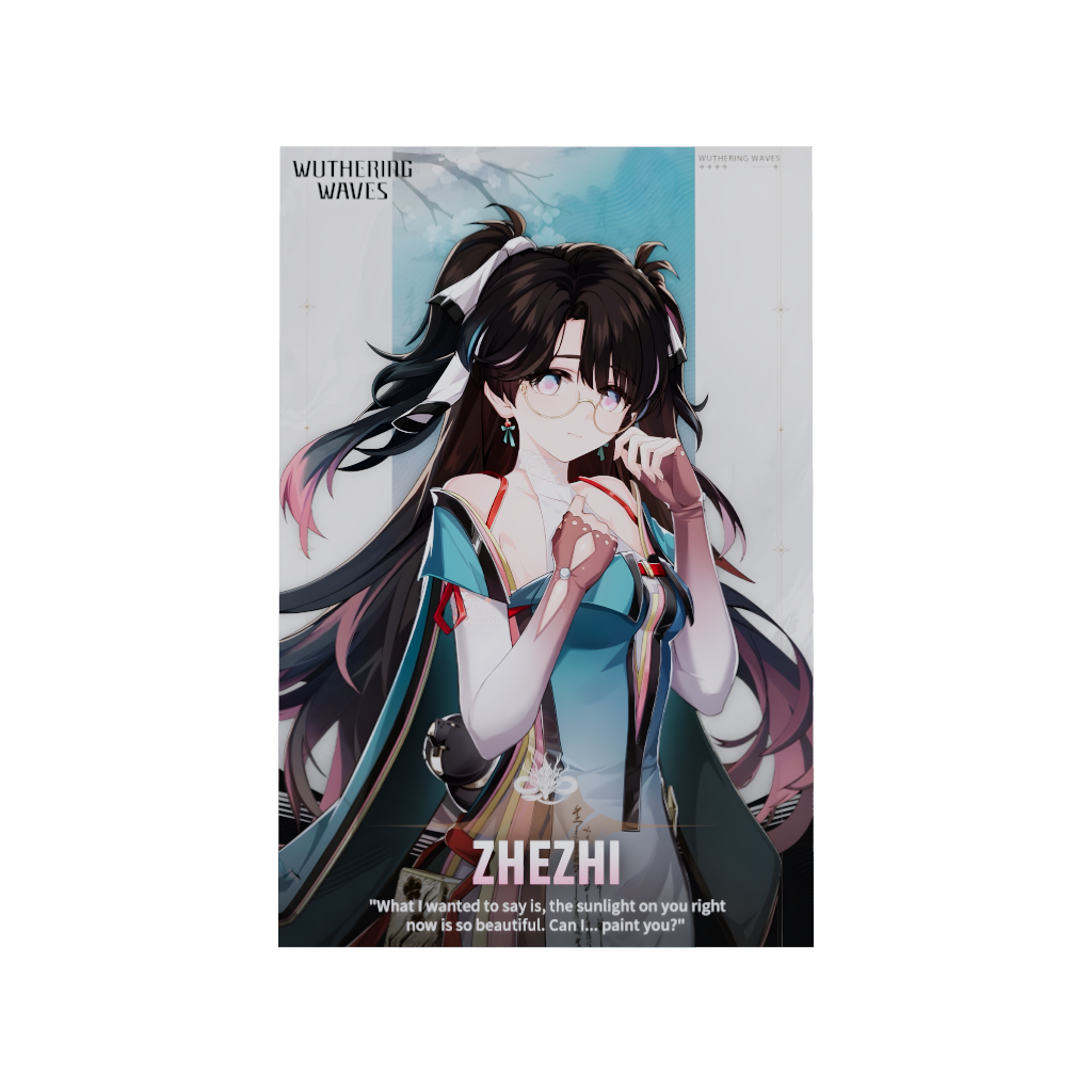 Wuthering Waves WuWa gaming acrylic poster by Arcadia North. Zhezhi Character Card. Acrylic wall art printed on acrylic.